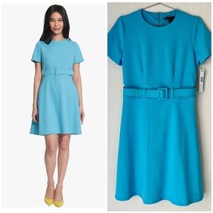 Maggy London Crepe Crew Neck Fit & Flare Dress Wide Belt Back Zip Career Office